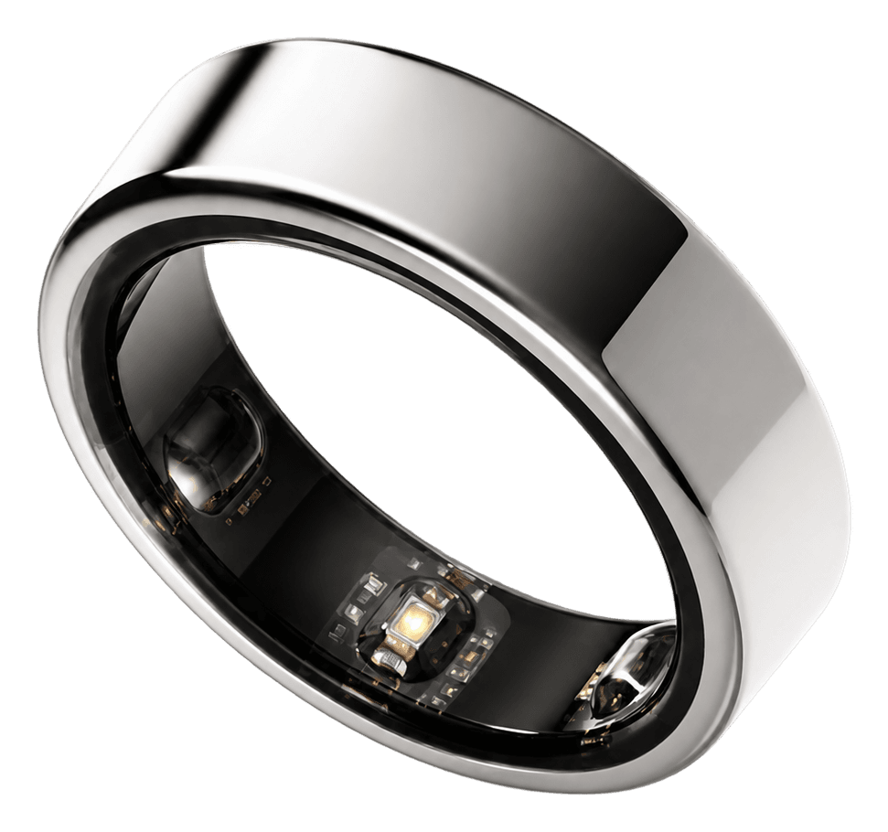 Silver EnergyMo smart ring showing its inner sensor array