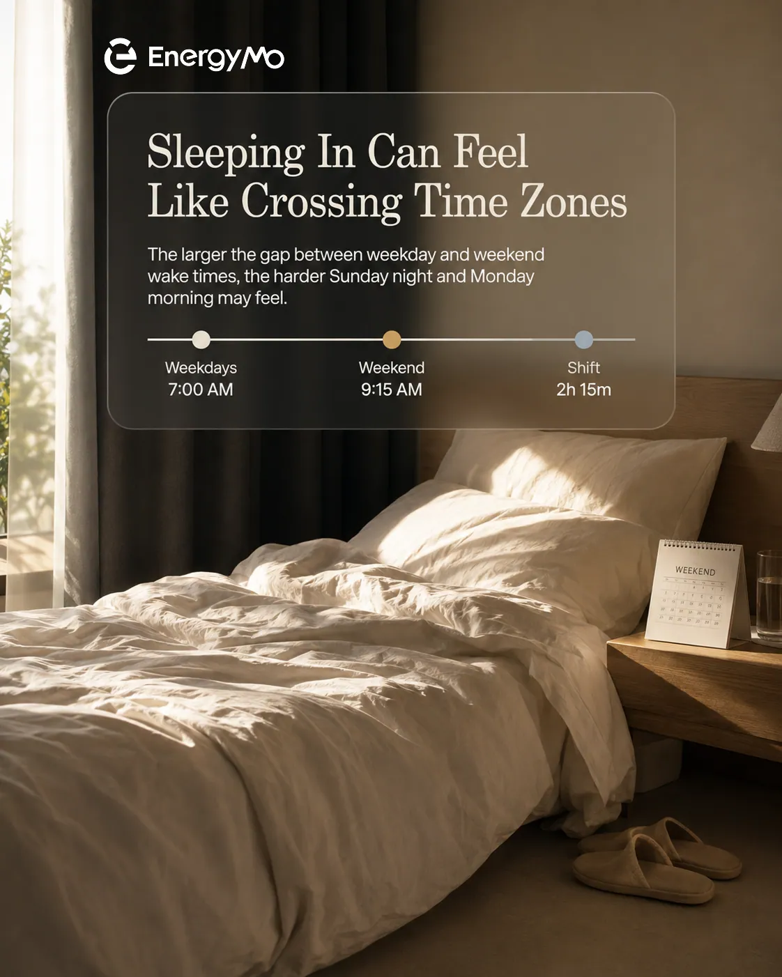 Bedroom scene with weekday 7:00 AM, weekend 9:15 AM, and a 2 hour 15 minute shift