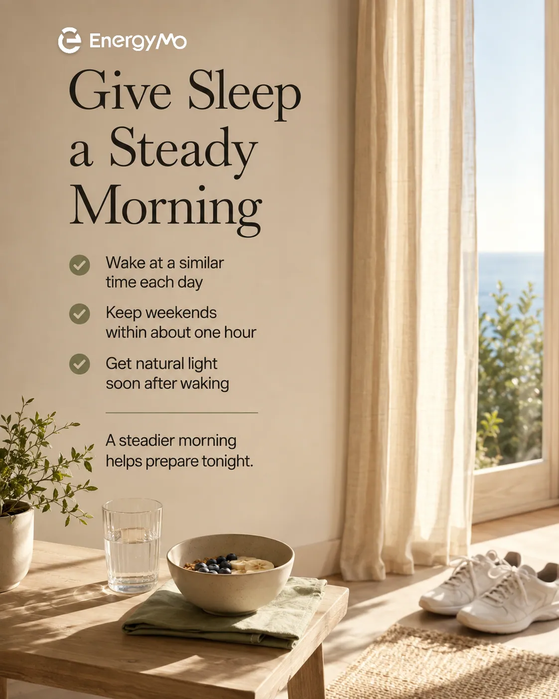 Breakfast by a sunny window with three morning habits for steadier sleep